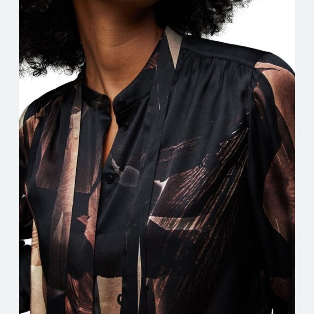 All Saints Black Satin Abstract Floral Tie-Neck Blouse with Bronze Accents - Picture 7 of 16